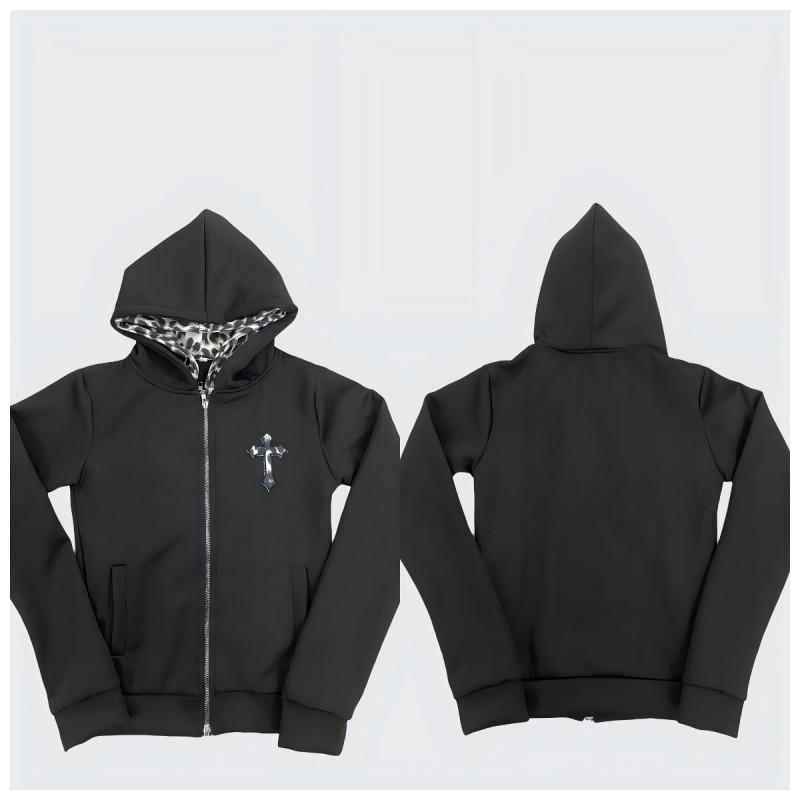 226 Y2K Womens Gothic Cross Leopard Print Hooded Zip Sweatshirt Retro Streetwear
