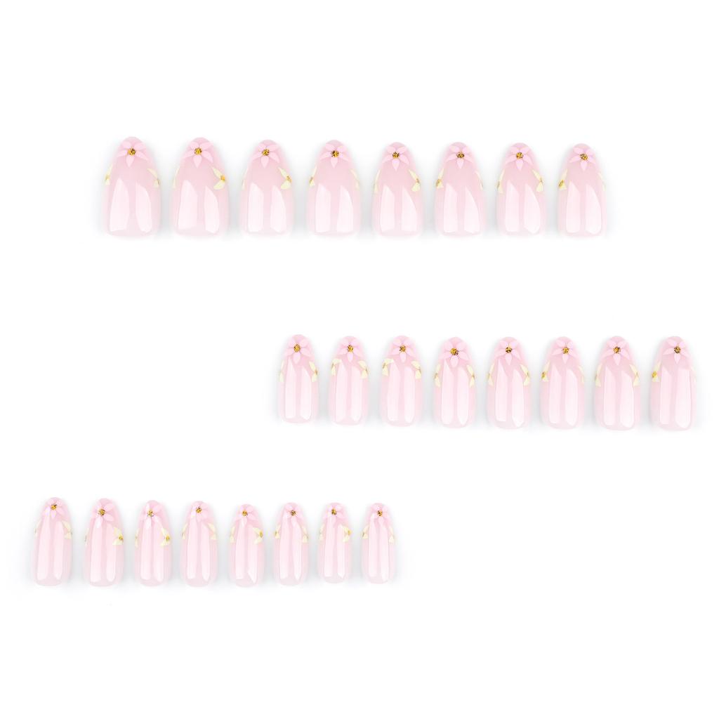 Almond French Stick On Nail Floral Press On Nail Short Acrylic Nail Flower False Nail for Women and Girls 24PCS