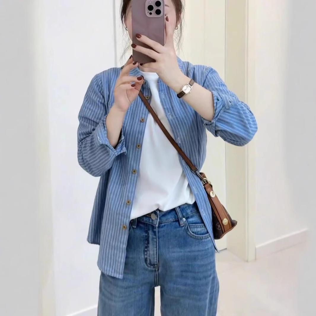 

Korean Striped Long Sleeve Shirt for Women - Spring 2025 Casual Versatile Layering Piece Extra Large
