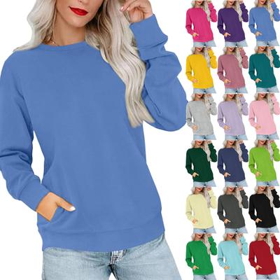 Damen Casual Mode Einfarbig Rundhals Langarm Sweatshirt Leichter Pullover mit Seitentaschen Warmes Sweatshirt