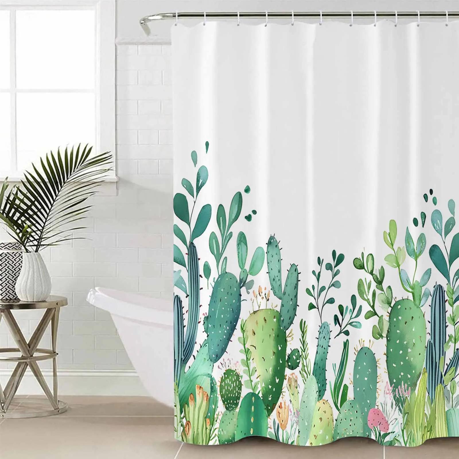 

Watercolor Green Cactus Shower Curtains Waterproof Bath Curtains Home Decor Modern Luxury Bathroom Curtain W60H190(CM)-1 Pcs