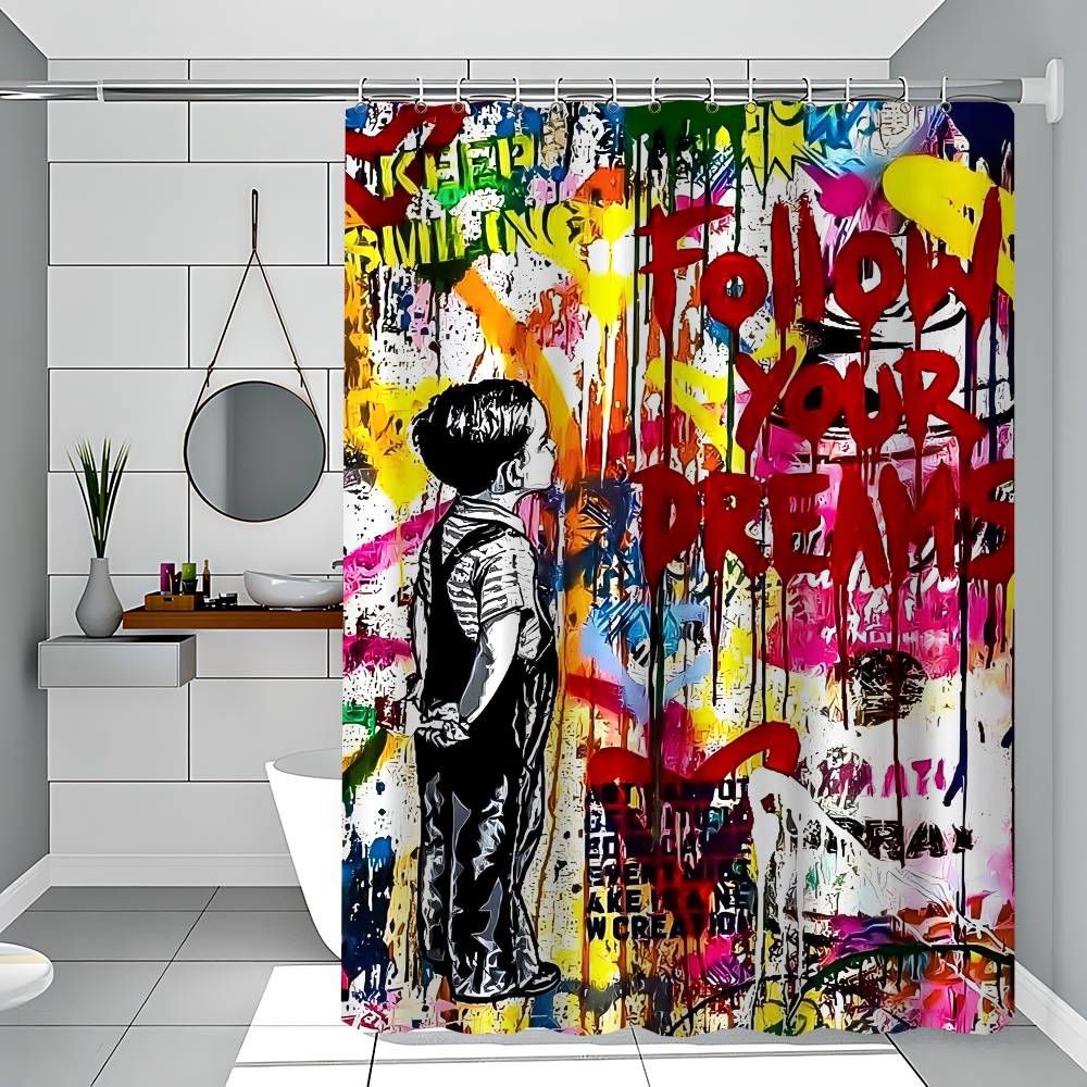 Perdea de duș Banksy Street Graffiti Peisaj de exterior Decor baie Vacanță de vară Perdea de baie din poliester cu cârlige