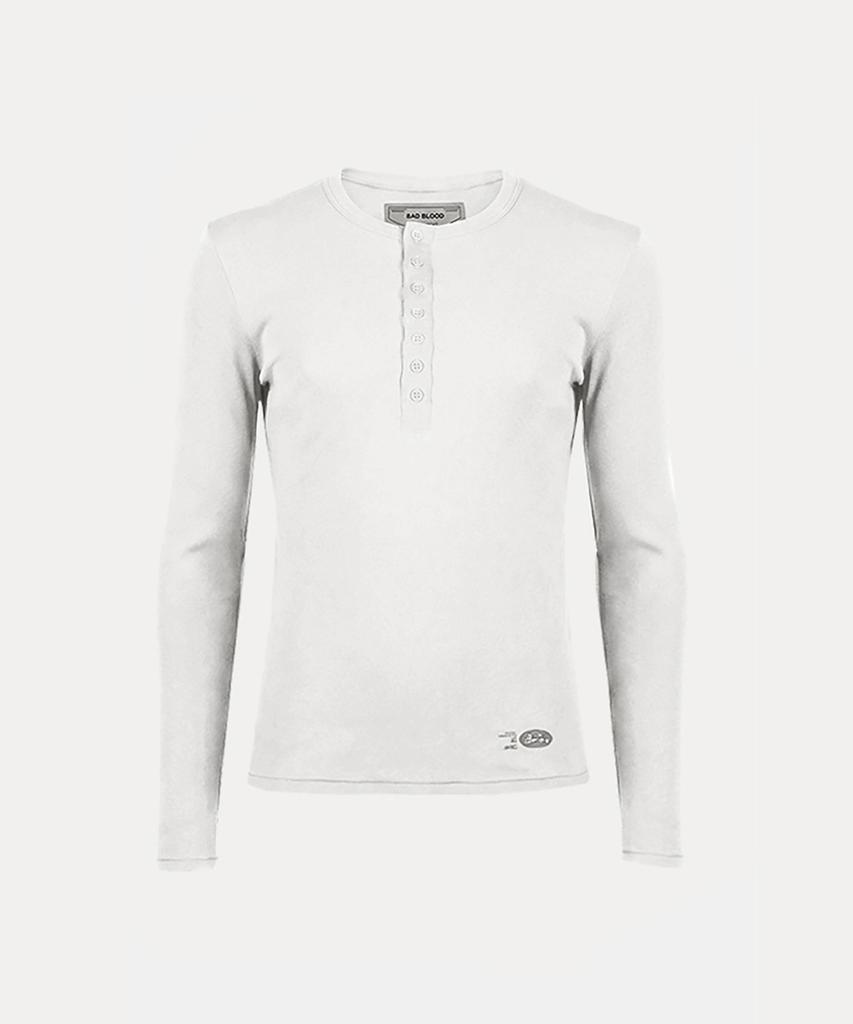 BADBLOOD Bs Cotton Jersey Fitted Henley Neck Long Sleeve T-Shirt - White