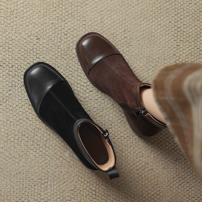 Krazing Pot Cow Skin Cow Suede Winter Square Toe Thick Heels Chelsea Fashion Boots Women Zipper Patch Work Women Ankle Boots