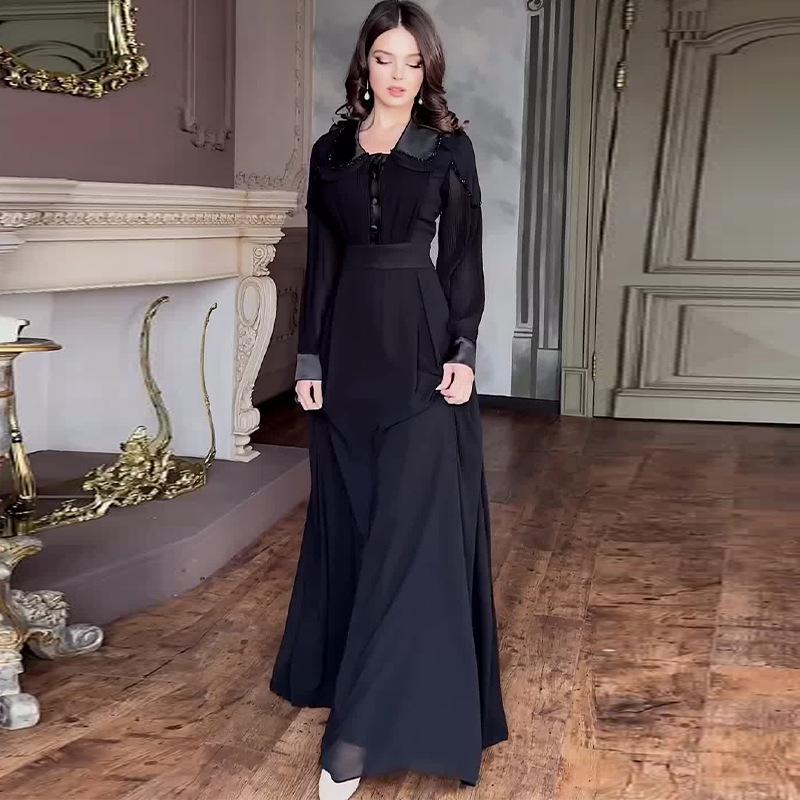 

Осеннее женское платье 2024 года однотонное с завышенной талией, приталенное, с отложным воротником - стиль королевской сестры Large чёрный