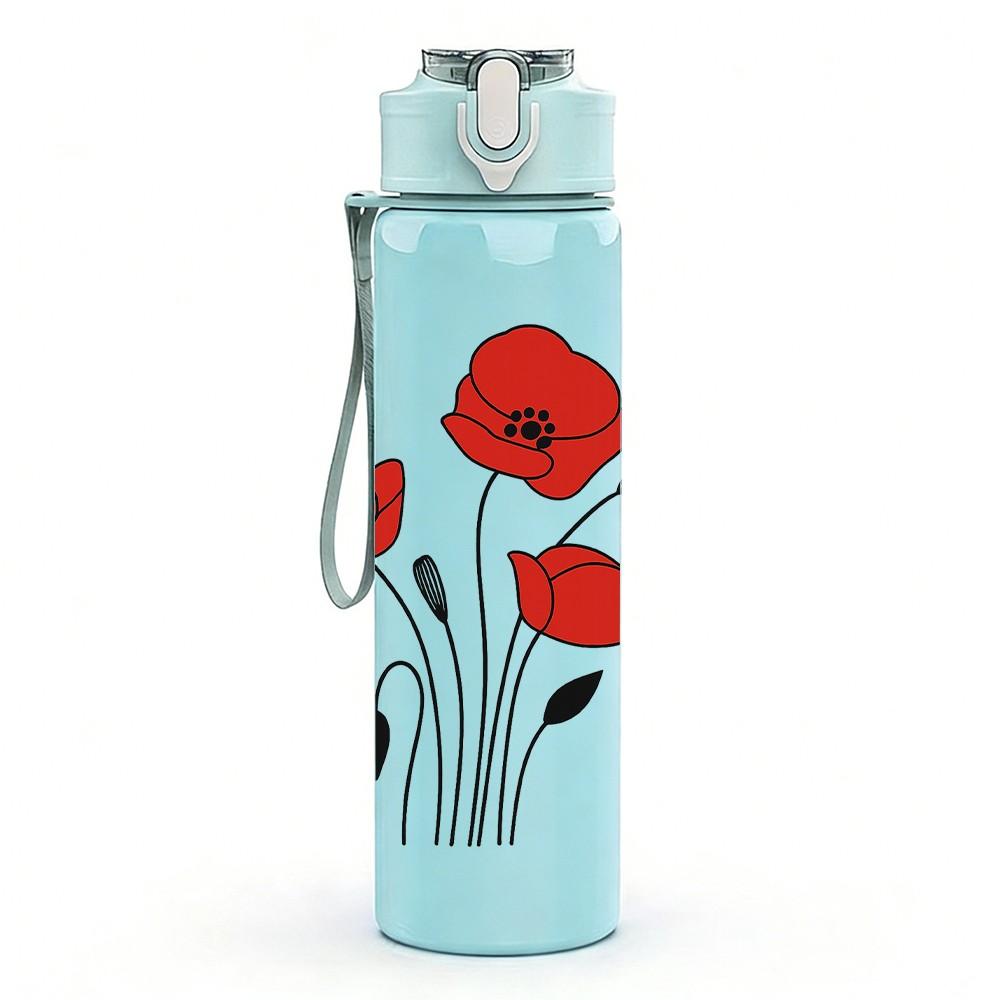 1PC Red Poppy Flower Bouquet 750ml Color Plastic Sports Water Bottle Leakproof Flip Straw Lid Suitable for Sports Office Home Use
