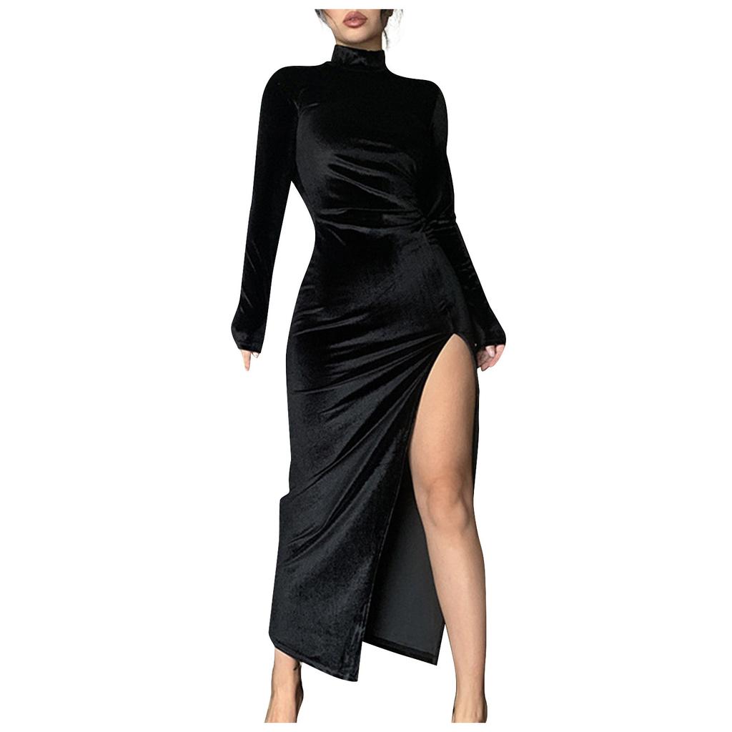 Women's Fashion Solid Colour High Neck Long Velvet Slim Fit Crinkled Split Dress