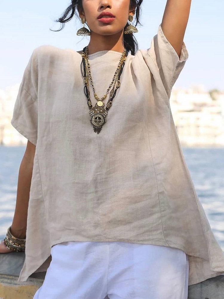 

Женская весенне-летняя однотонная рубашка из хлопка и льна свободного кроя с круглым вырезом, неровным подолом и короткими рукавами. XL бежевый