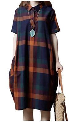 Short Sleeve Simple Balloon Dress with Random Buttons and Crew Loose and and Comfortable for and Solid Perfect for All Available In Orange M.Luce