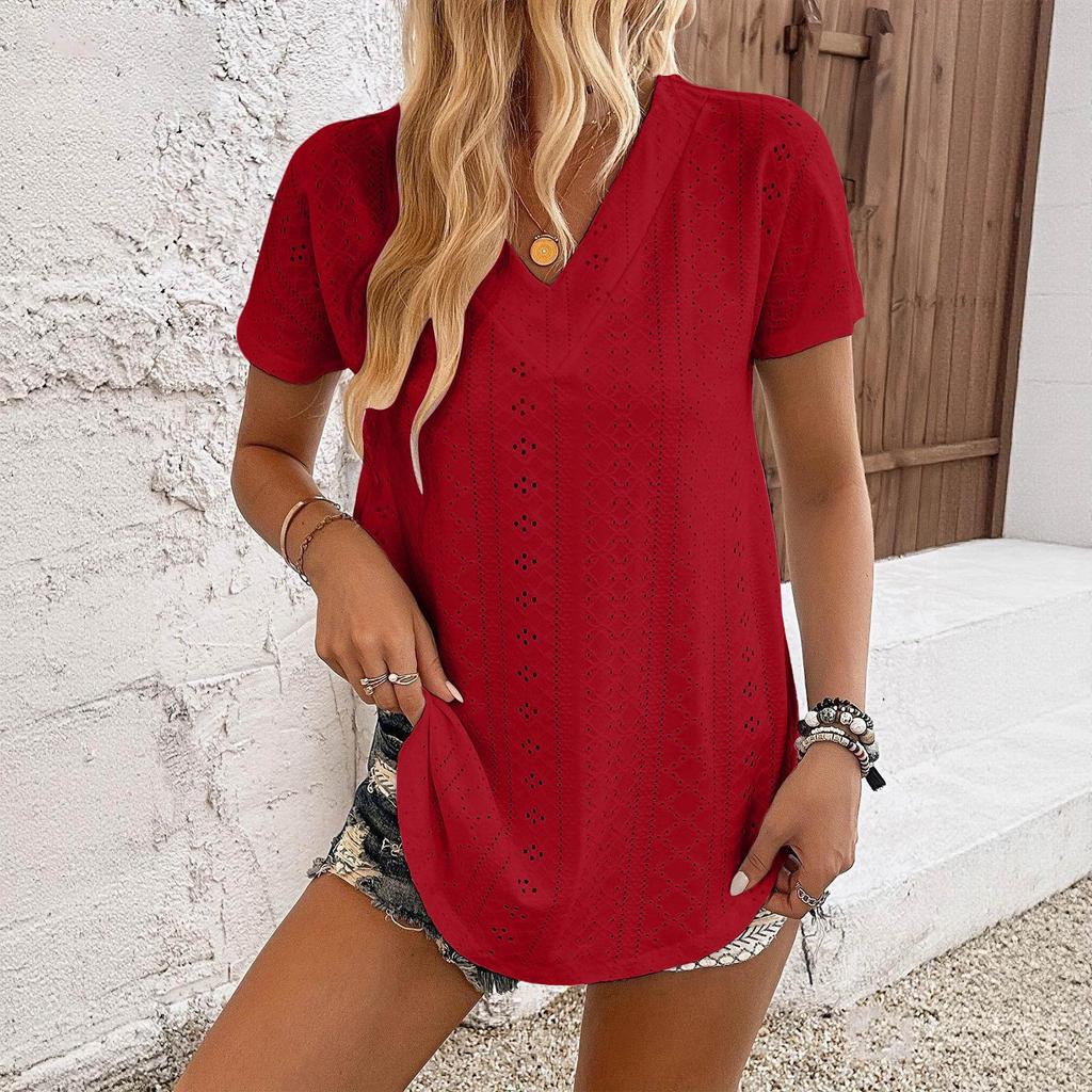 Short Sleeve Blouses for Women V Neck Eyelet Knit Women's Short Sleeve Tops Casual Loose Fit Womens Short Sleeve Blouses