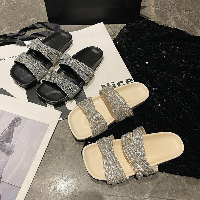 Fashion Square Toe Platform Rhinestone Slender Strap Flip Slippers Women's Summer 2025 New Flat Shoes Outside Wear
