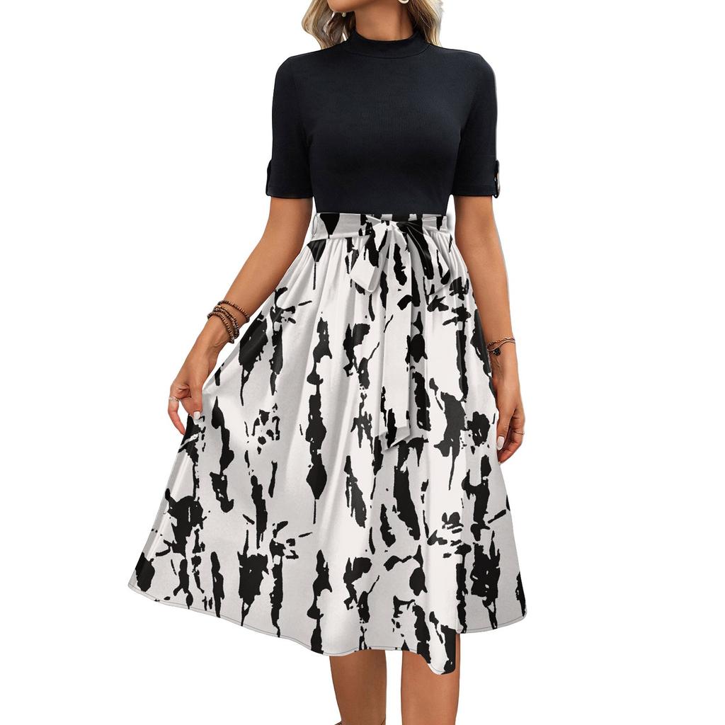Women's Fashion Casual Belt Short Sleeve Round Neck Floral Elegant Temperament Dress