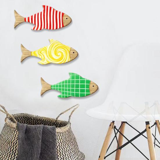 3Pcs/Set Wooden Fish Wall Art Decoration, Striped Wavy Plaid Fish Wall Sculpture, Summer Beach Theme Fish Ornament, Rustic Lake House Nautical Decor