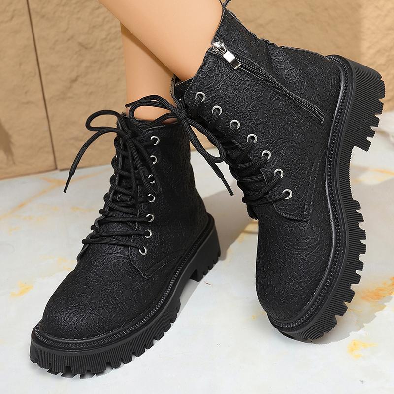 Fashion Flower Figure Thick Sole Short Boots Women Fashion Lace Up Platform Ankle Boots Woman 2025 Side Zipper Pu Leather Booties Mujer