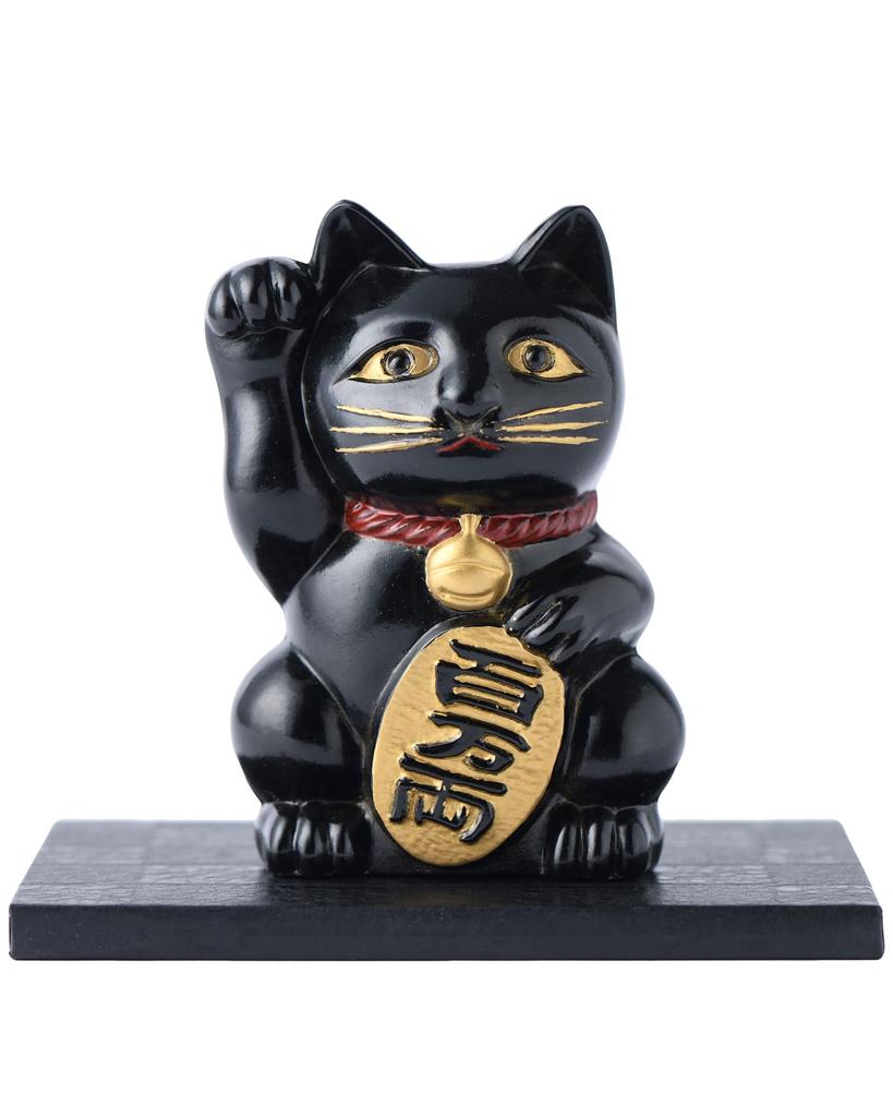 Ginjado Maneki Neko Black Lacquer Hand of Cat Maneki Neko Good Luck Feng Shui Figurine Takaoka Copperware Neko Color_Right Raised/Made Metal_Lucky