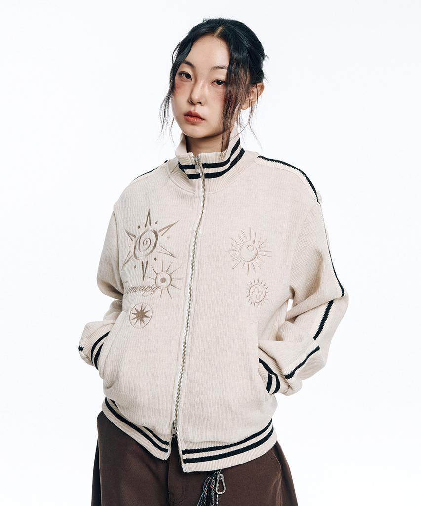 EASY NO EASY Embroidered Track Zip-Up Knit - Ivory