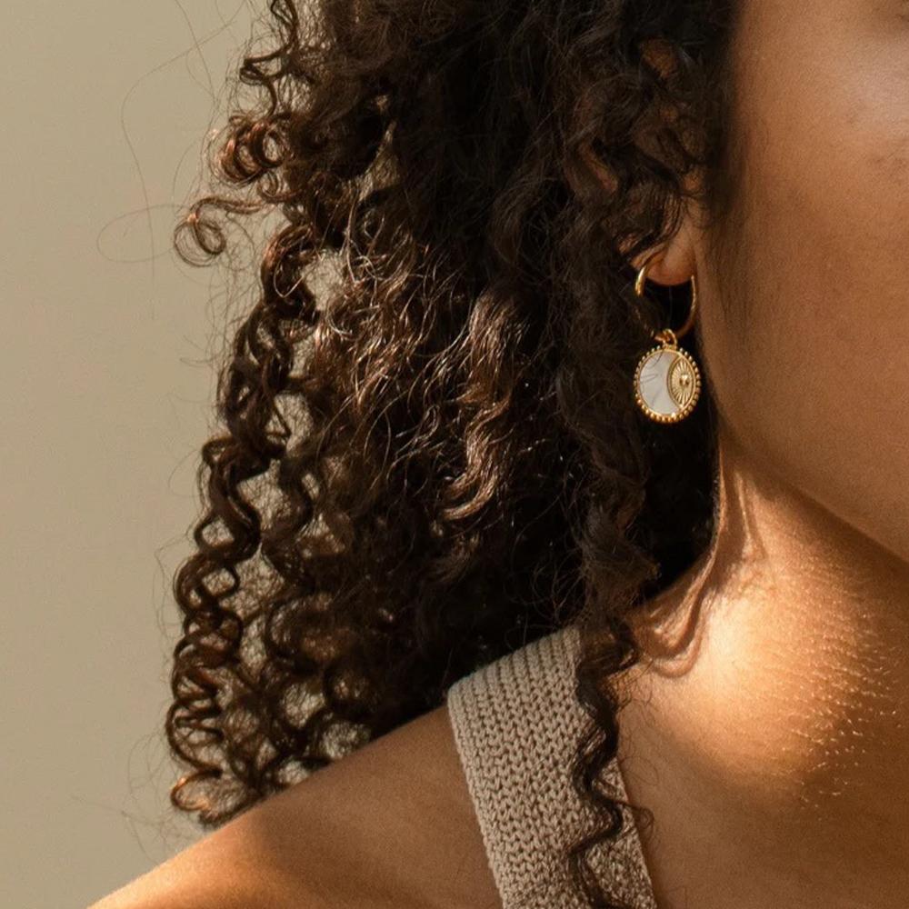 Retro Natürliche Muschel Sonne Mond Runder Kreis Anhänger Halskette für Frauen Edelstahl Gold Farbe Charms Creolen Ohrringe