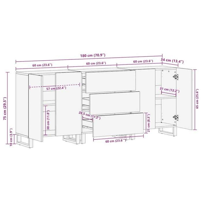 VidaXL Buffets 3 pcs noir 60x33x75 cm bois massif de manguier, meuble de rangement, meuble de rangement de cuisine, meuble 3309999