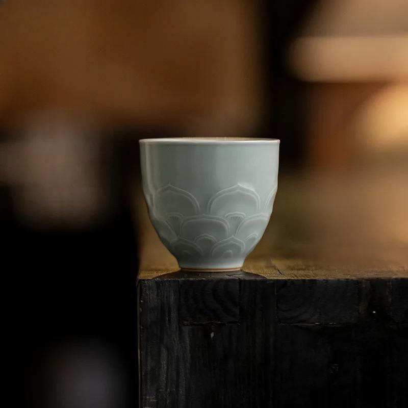 2pc/lot Yaozhou Kiln Lotus Petals Teacup Japanese Tea Bowl Cup For Tea Tea-tasting Meditation Cup Jianzhan Master Cups Gift 80ml