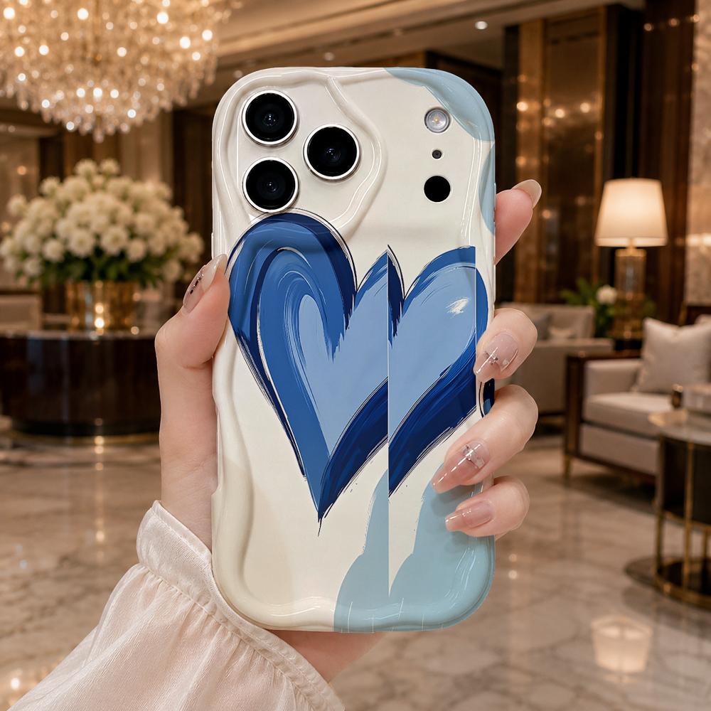 Gradient Blue Heart Sketch Phone Case for iPhone 17 16 15 14 13 12 11 Pro Max Plus Wavy Edge Artistic Cover