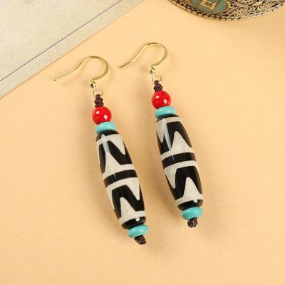 Original Woven Tibetan Dzi Bead Agate Earrings, Retro Niche Personalized Chinese Earrings, Women's Long Earrings