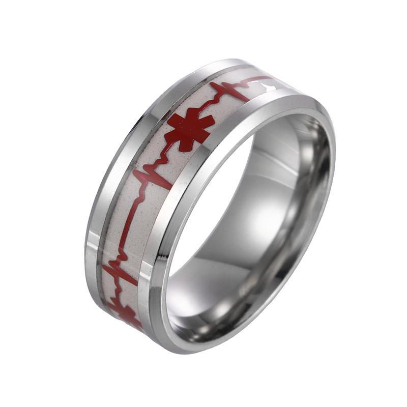 Ljusande Medicinsk Varning ID-ring för Män Kvinnor Rostfritt Stål 8MM Bredd ICE SOS Nödfall Finger Typ 1 Unisex