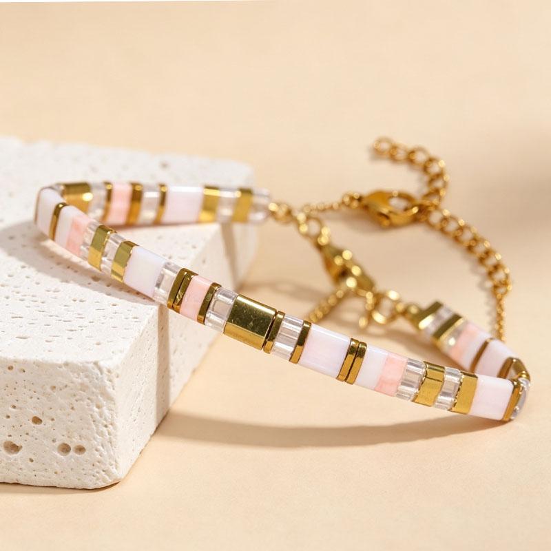 Fashion Pink Gold Tila Bead Bracelet Adjustable Handmade Beaded Bracelet for Women Jewelry