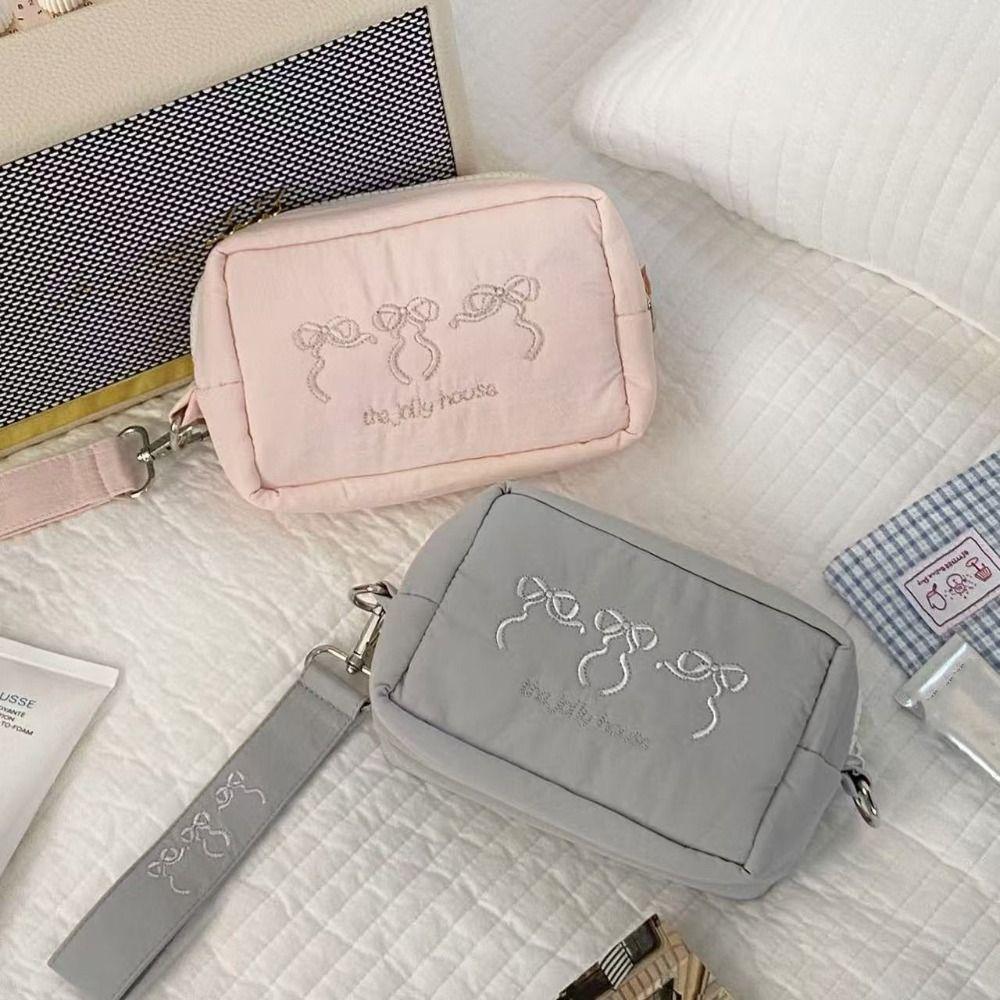 Keychain Zipper Wristlet Wallet With Lanyard Embroidered Bow Makeup Bag Nylon Coin Pocket  Outdoor