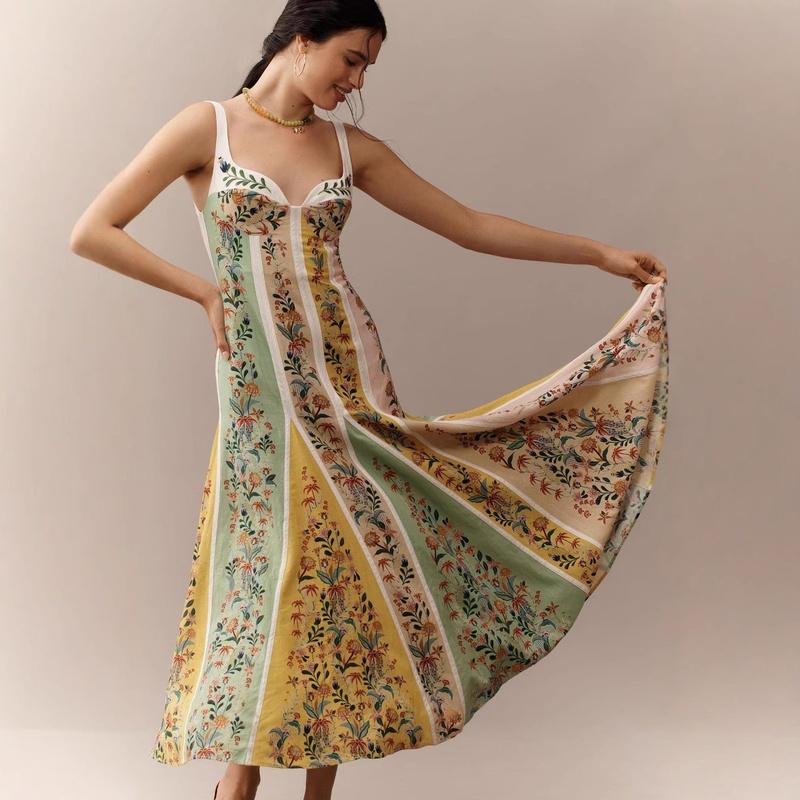 European Style Spring and Summer Spaghetti Strap Print Maxi Dress INS Loose Fit Vacation S