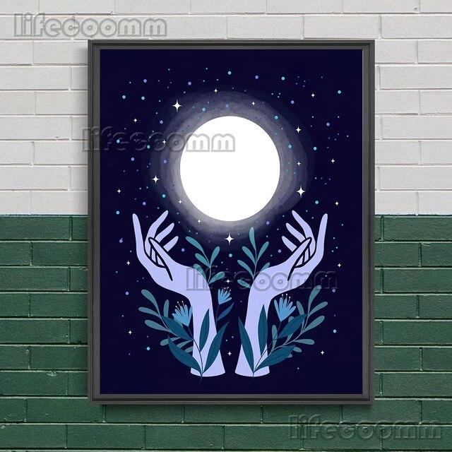 2023 księżycowa faza księżyca i magiczna ćma obraz ścienny na płótnie wąż, roślina, księżyc, elementy czarów plakat artystyczny dekoracja z nadrukiem bez ramki