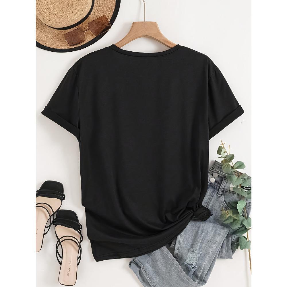 Floral print V-neck T-shirt, short sleeve, women's casual top, machine washable