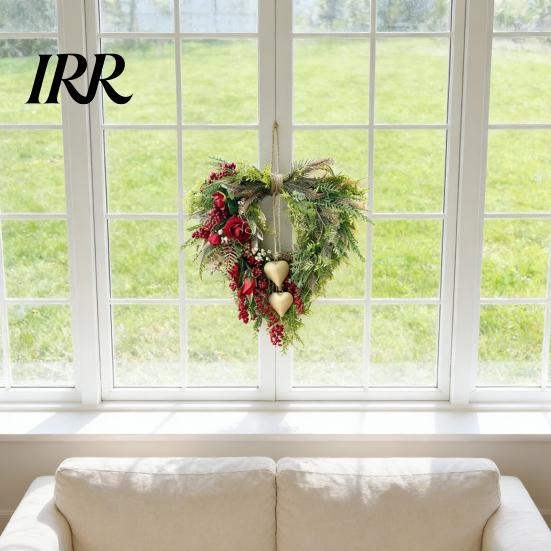 Decorative Heart Wreath Valentine's Day Farmhouse for Front Door Rustic Faux Greenery with Red Roses Berries Vintage Bell Window Porch