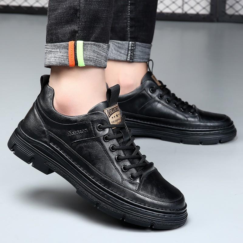Mens Casual Leather Shoes 2026 Trendy British Style Round Toe Low Cut Soft Sole