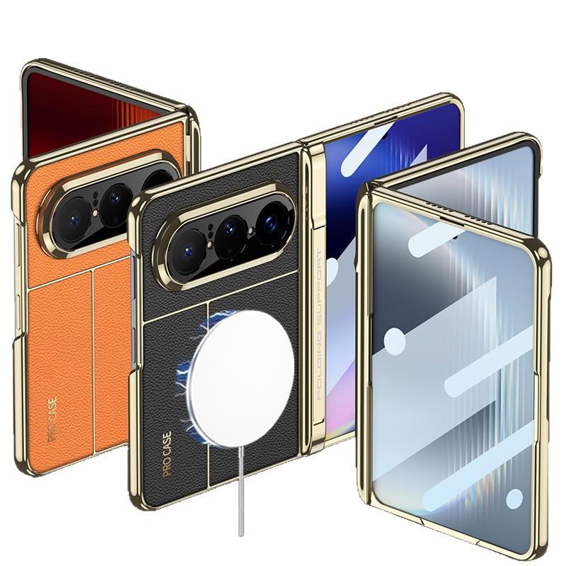 PuraxMax Foldable Phone Case With Full-Body PU Leather Cover Electroplated Finish Built-in Magnetic Stand Drop Protection
