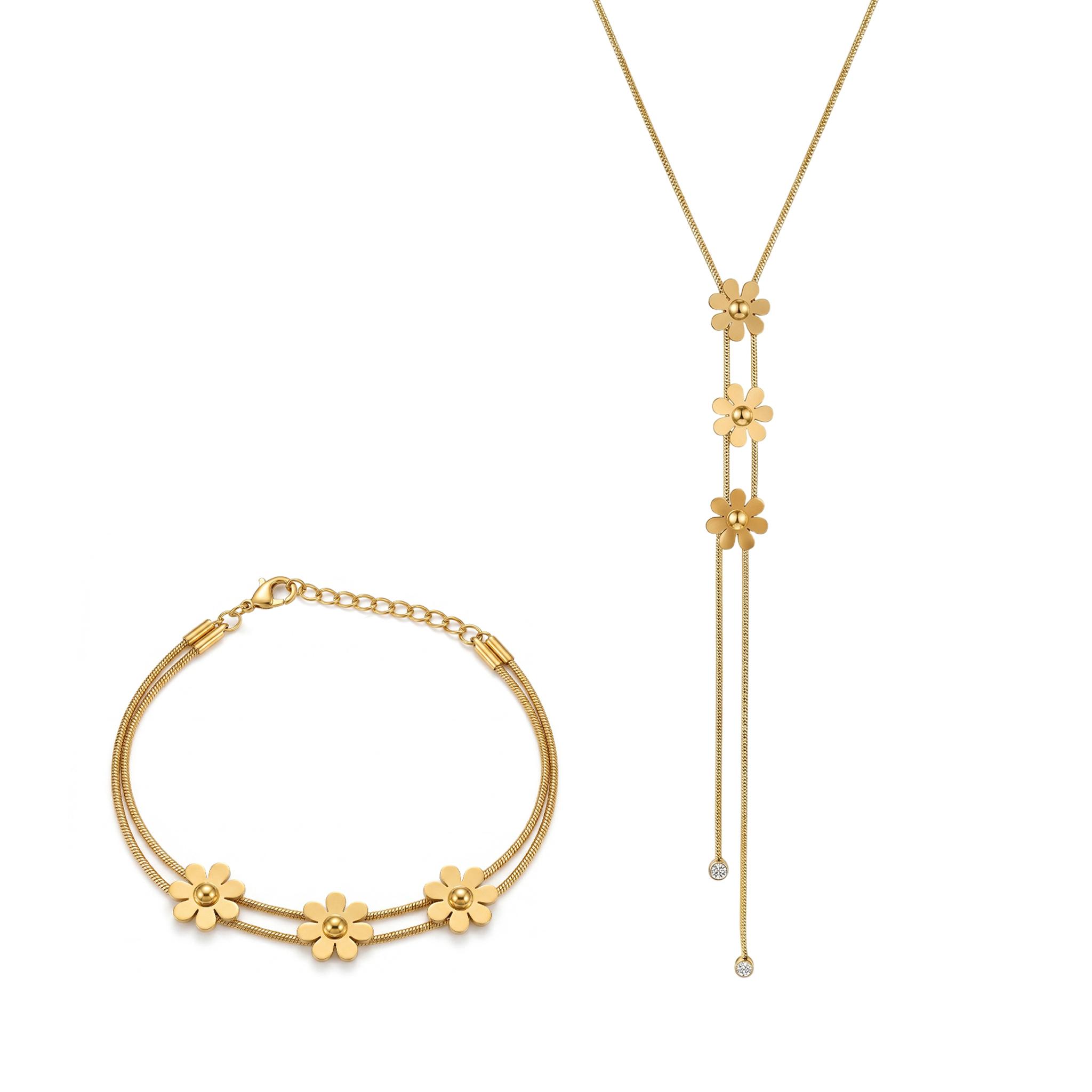 QIAOREN 11640 Dainty Gold Daisy Flower Jewelry Set 18K Stainless Steel Y Lariat Tassel Snake Chain Necklace Bracelet