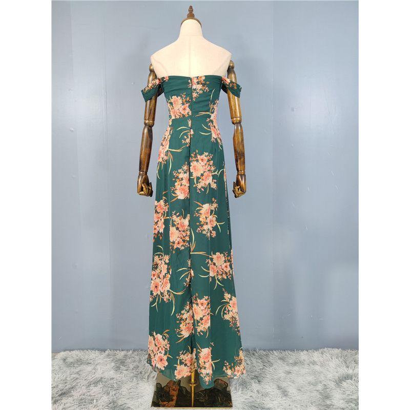 Export Lu Family Banquet Party Word Collar Sexy Exquisite Print Holiday Chiffon Split Island Retro Dress