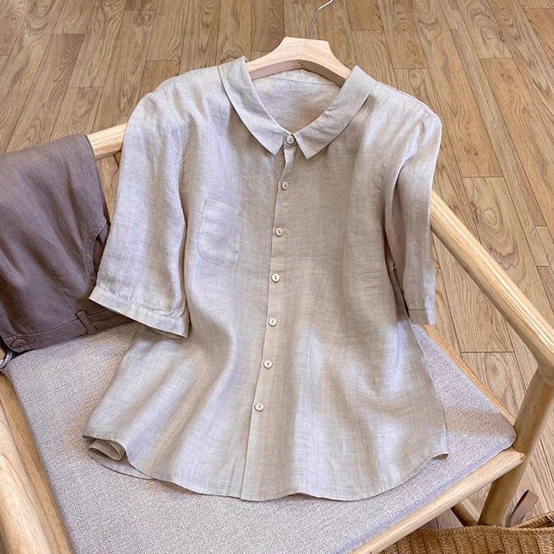 Summer new versatile loose cotton and linen literary and retro lapel solid color temperament shirt cotton and linen top women's short sleeves