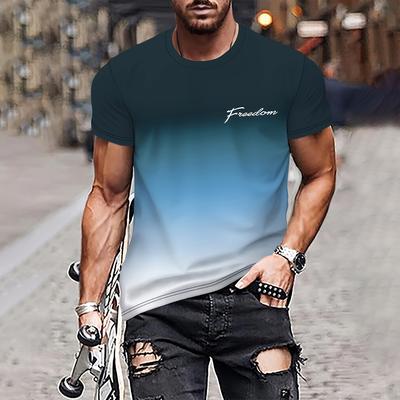 Camiseta masculina com estampa ombré, gradiente, letras gráficas, gola redonda, manga curta, camiseta casual confortável, roupas masculinas grandes, tops