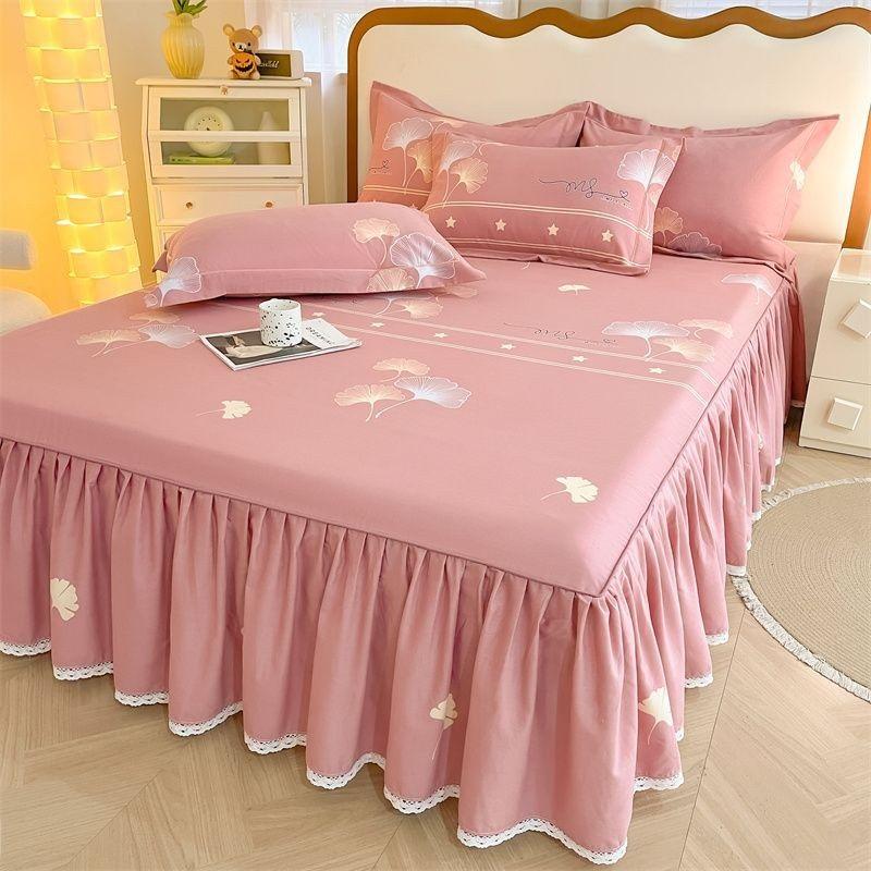 3pcs Printing Ruffled Edge Soft Comfortable Breathable Bed Skirt Set All-season Availability,  Mattress Cover, Printing Bedding Set, for Bedroom