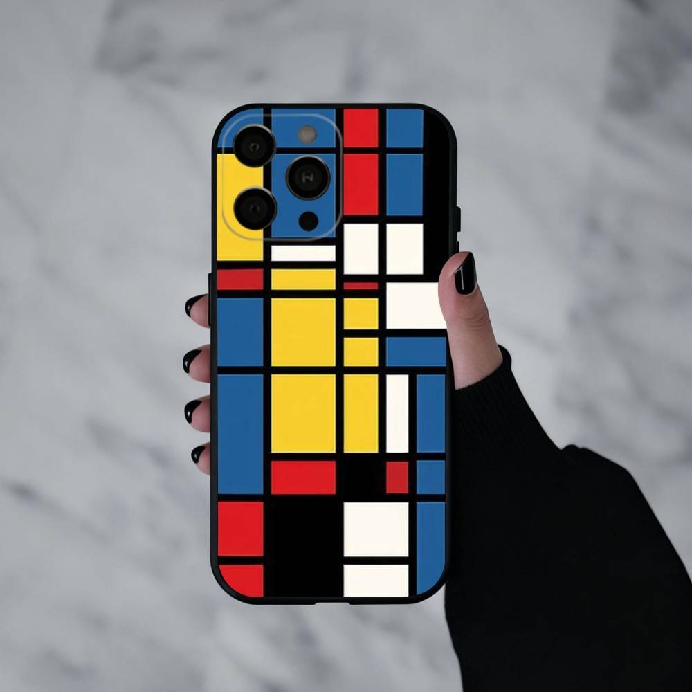 Grid T-TOPLBPCS M-Mondrian  Phone Case For iPhone 17pro,16,15,14,13,12,11 Plus,Pro Max,XS,Soft Silicone Black Cover