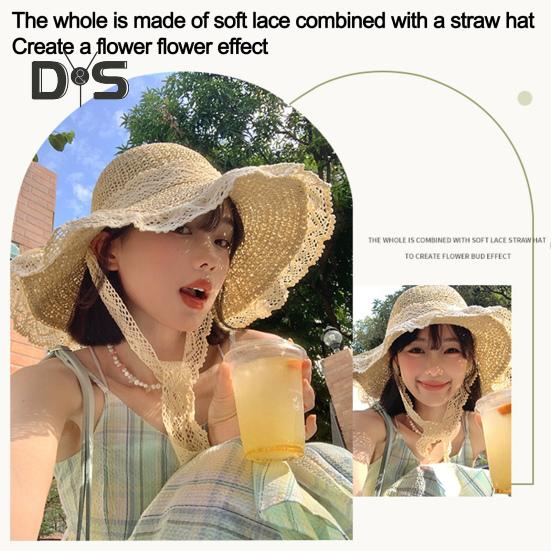 Stroh-Sonnenhut für Damen, faltbar, atmungsaktiv, größenverstellbar, Spitzenbesatz, Strandhut, Outdoor-Aktivitäten, Sport, Alltagskleidung