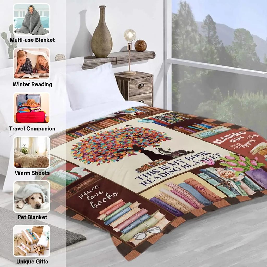 Reading Blanket for Book Lovers, Soft Lightweight Kids Blanket, Librarian Gift, Bookworm Gift Blanket, Blankets for Beds