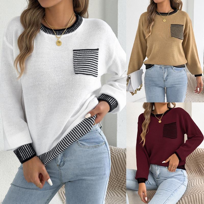 Women S Long Sleeve Striped Pocket Casual Sweater