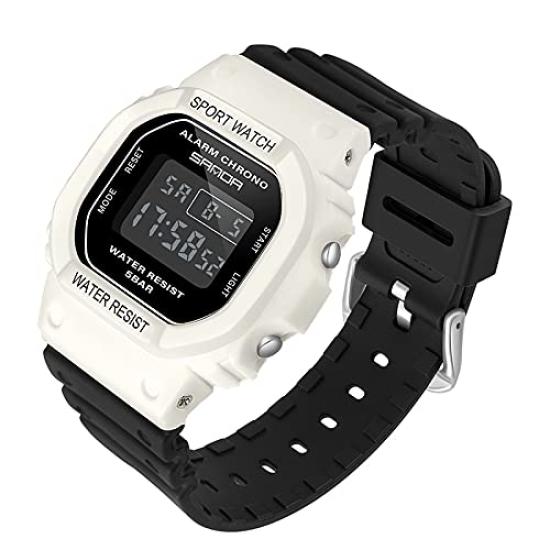 un bel tocco Digital Watch for Men and with LED and 8 Colors Women, Alarm, Stopwatch, Backlight, (White-Black)