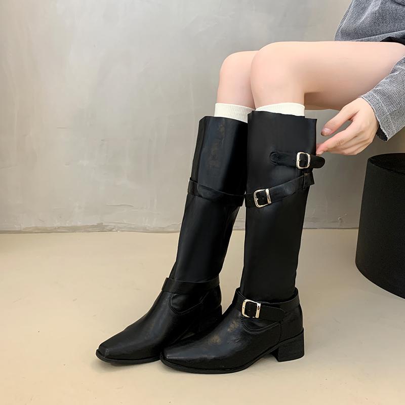 Fashion Winter Designer Pointed Toe Women Knee High Boots Fashion Belt Buckle Slip On Shoes Concise Thick Heel Knight Long Booties