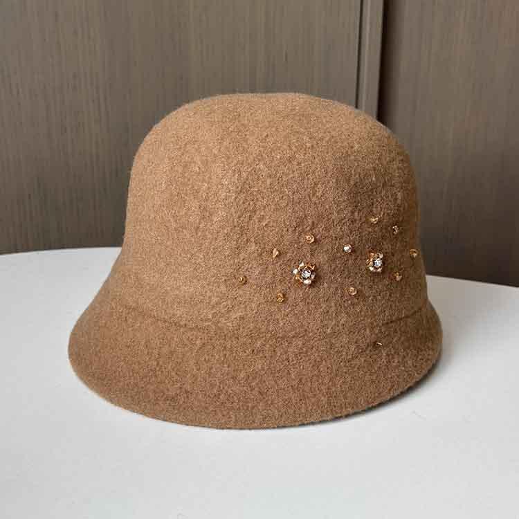 Xiaoxiangfeng Elegant Woolen Top Hat Autumn And Winter Warm Knitted Basin Hat Women'S Fashion Rhinestone Decorative Fisherman Hat