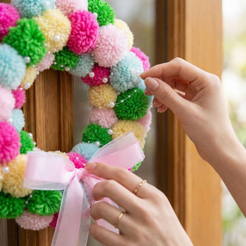 Easter Wreath Door Decoration Hanging Floral Circle, Plush Balls For Indoor Outdoor Porch Decoration