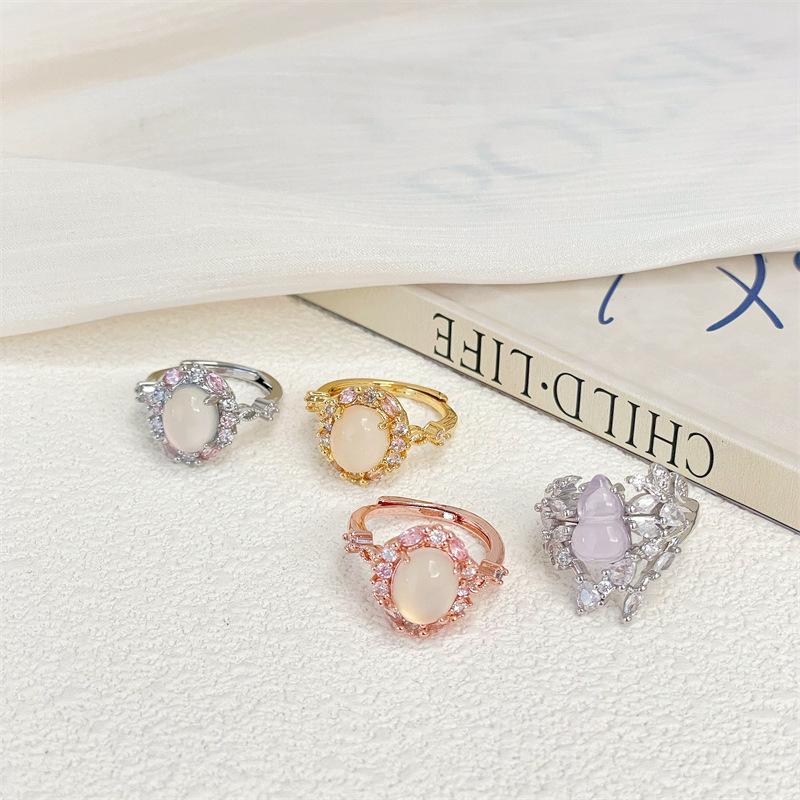 Farbe Schatz Ei Oberfläche Offener Ring Imitation Chalcedon Leichter Luxus Voll Mit Diamanten Zirkon High-End Oval Kürbisring Weiblich
