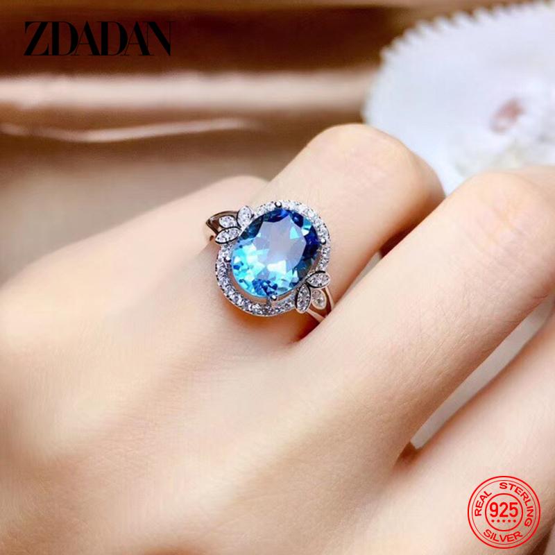 925 Silver Blue Oval Zircon Ring for Women Girls Fashion Jewelry