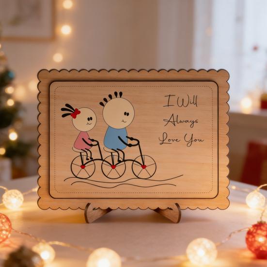 Wooden Couple Table Sign with Stand Farmhouse Rustic Cartoon Couple Ornament Valentine's Day Anniversary Wedding Party Decoration